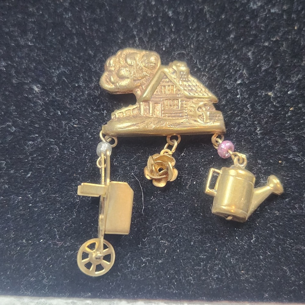 Vintage Cottage Garden Brooch with Wheelbarrow Rose Watering Can Charms